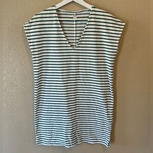 J. Crew Cotton Green and White Striped V-Neck Dress Size S Beachy